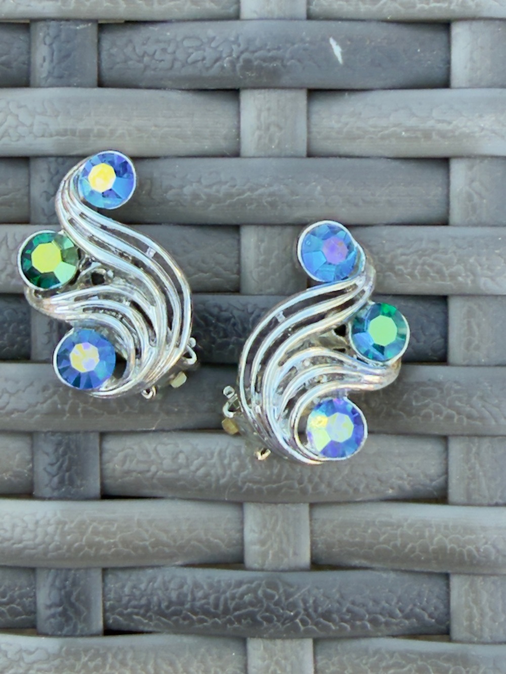 Aurora Crystal Clip-On Earrings - Blue Green Iridescent